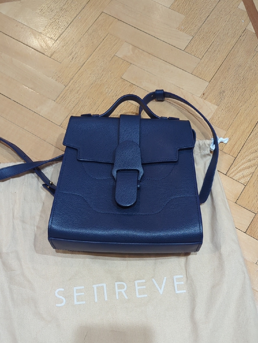 Senreve Navy Pebbled Leather Top-Handle Satchel with Strap